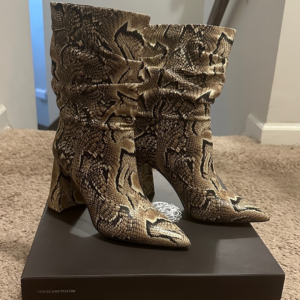Vince Camuto Women's Snakeskin Heeled Boots - Tan and Black